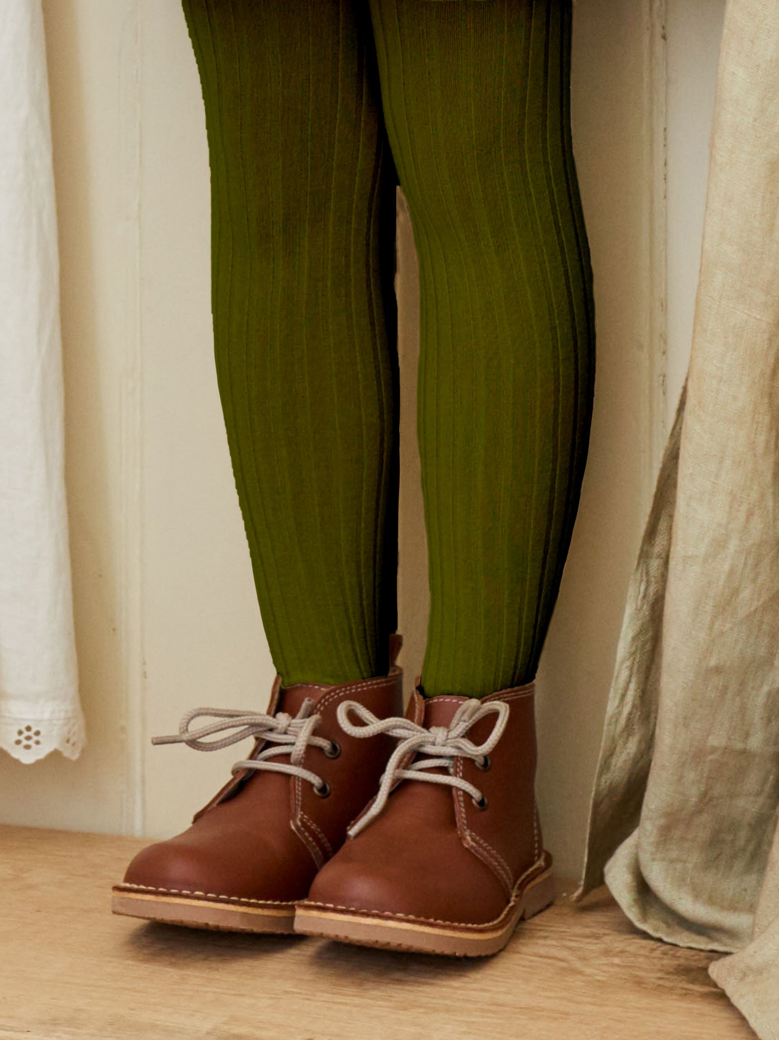Olive Green Ribbed Kids Tights